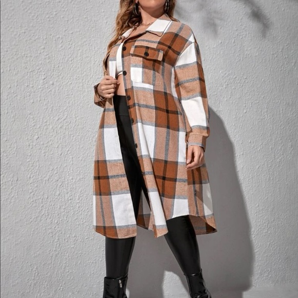 Plus Size Plaid Pocket Light Jacket Shacket Long Shirt Green BELT NOT INCLUDED - Picture 14 of 16